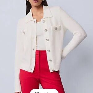 Ann Taylor Embellished Collared Cardigan - Winter White